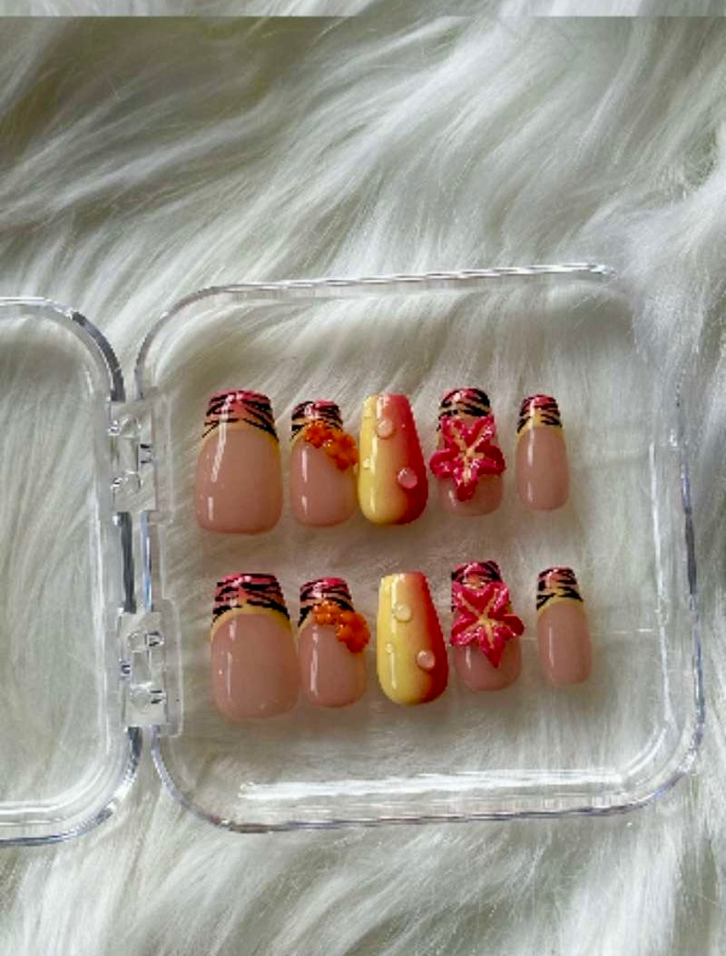 Flowered Red-Yellow Stick-On Nails