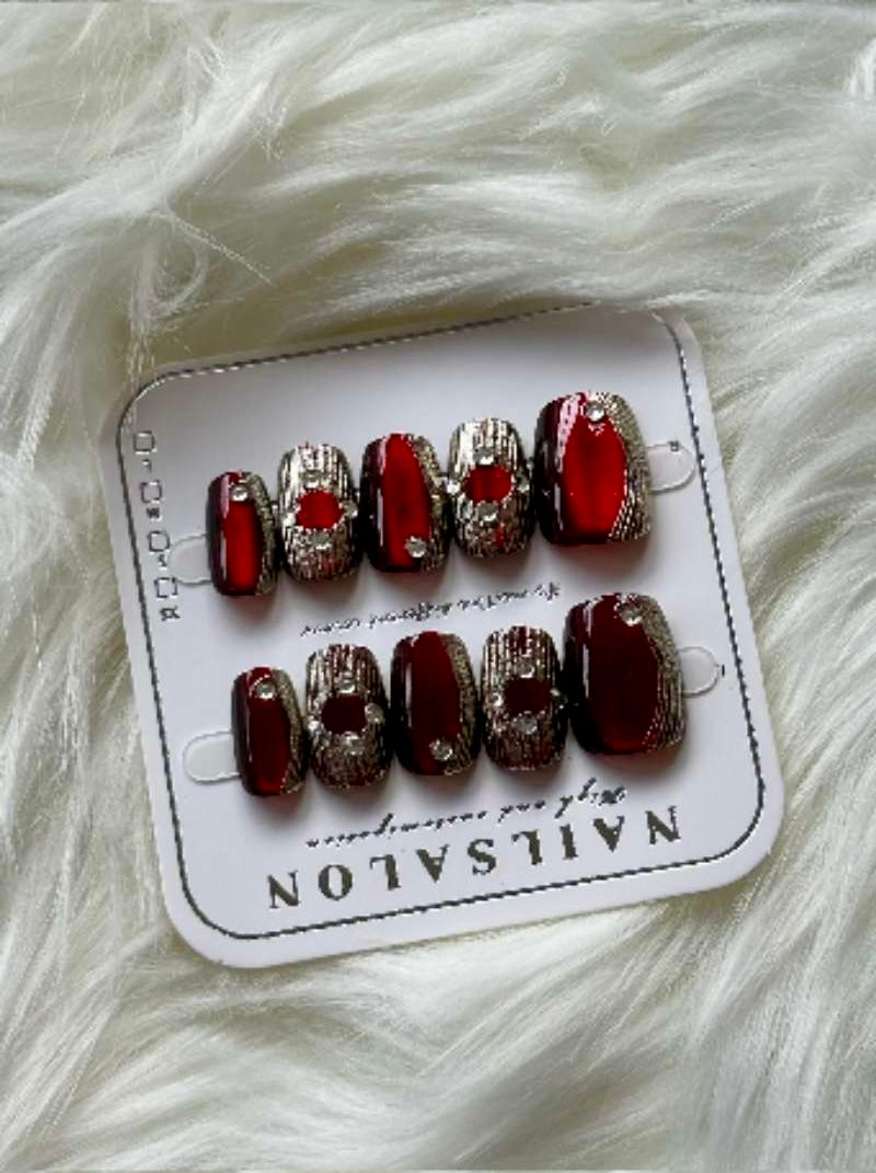 Crimson Luxe Deep Red & Silver Lined Stick-On Nails
