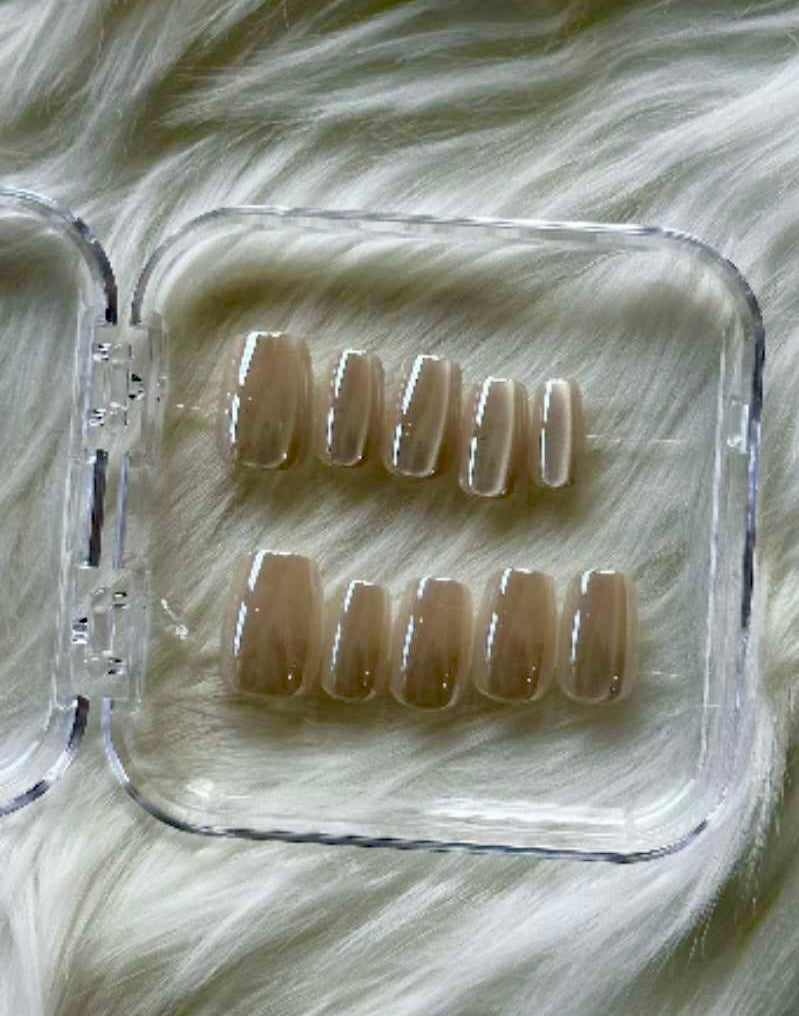 Set of clear nail trays in a transparent case on a fur surface