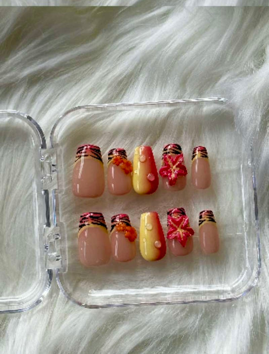 Flowered Red-Yellow Stick-On Nails