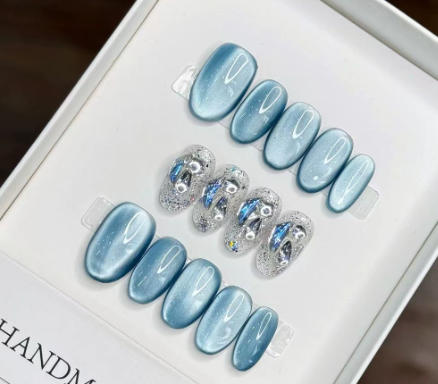 Blue Ice Sky Blue & Silver Mix Stick-On Nails