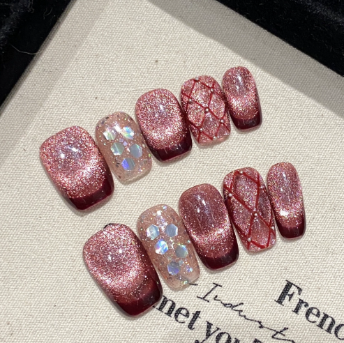 Cherry Glow Red & Peach Accent Stick-On Nails