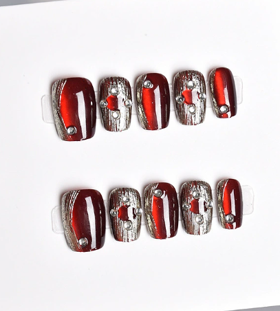 Crimson Luxe Deep Red & Silver Lined Stick-On Nails