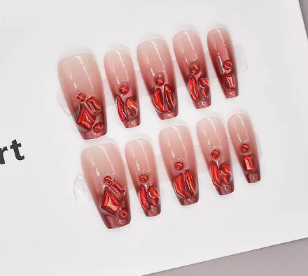 Rose Ember Burgundy & Peach Design Stick-On Nails