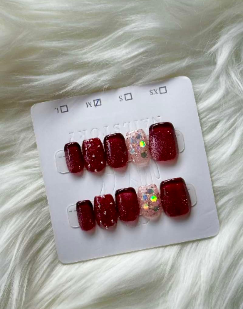 Cherry Glow Red & Peach Accent Stick-On Nails