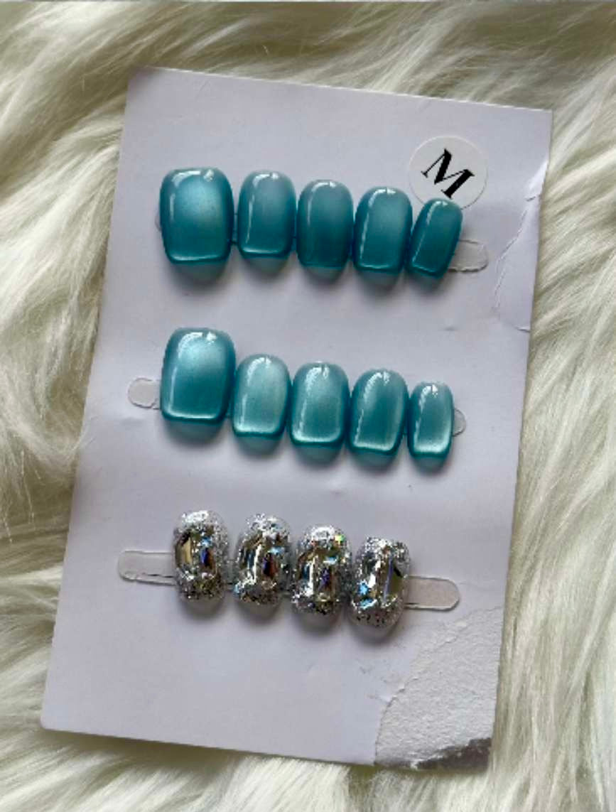 Blue Ice Sky Blue & Silver Mix Stick-On Nails