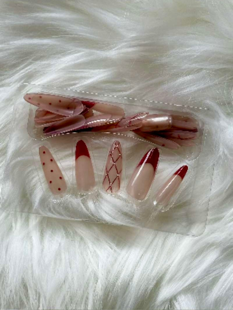Spiced Peach Red Edge & Patterned Stick-On Nails